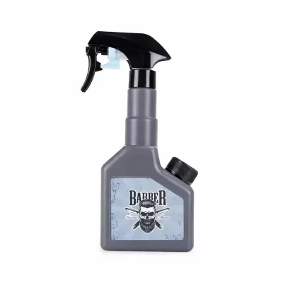 Frasco spray de plástico cinzento com rótulo Barber e pulverizador preto