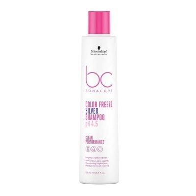 Frasco de shampoo branco com tampa rosa e texto em rosa e preto