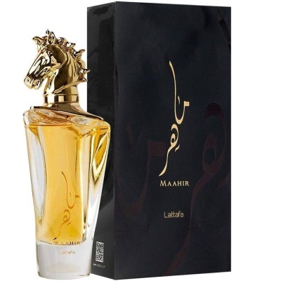 Frasco de perfume com tampa dourada em forma de cabeça de cavalo e caixa preta