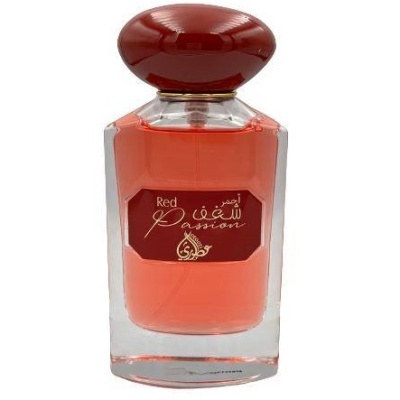 Frasco de perfume Red Passion com líquido vermelho e tampa vermelha