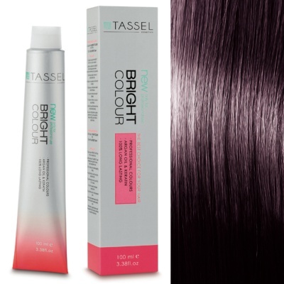 Tubo e caixa do produto TASSEL BRIGHT COLOUR ao lado de cabelo castanho roxo brilhante