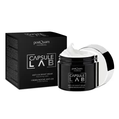 Creme anti-oxidante para uso noturno postQuam Professional Capsule Lab embalagem preta com tampa prata