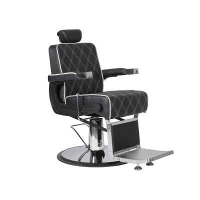 Cadeira de barbeiro preta com padrão xadrez branco e base metálica