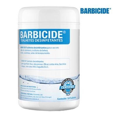 Embalagem branca de toalhetes desinfetantes Barbicide com rótulo azul e texto
