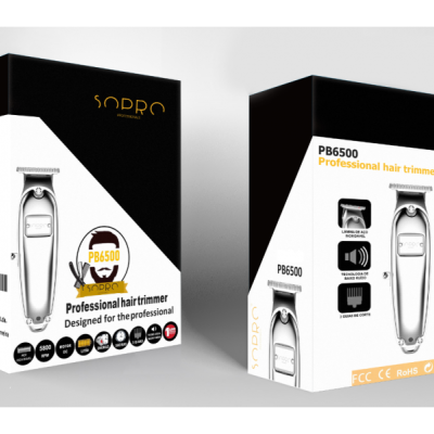 Embalagem preta e branca do aparador de cabelo profissional SOBRO PB6500 com texto e imagens do produto
