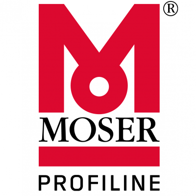 Logotipo da marca MOSER PROFILINE com letras em vermelho e preto sobre fundo branco