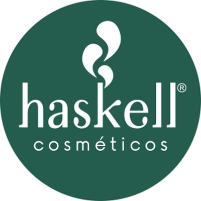 Logótipo verde de haskell cosméticos com texto branco e símbolo gráfico