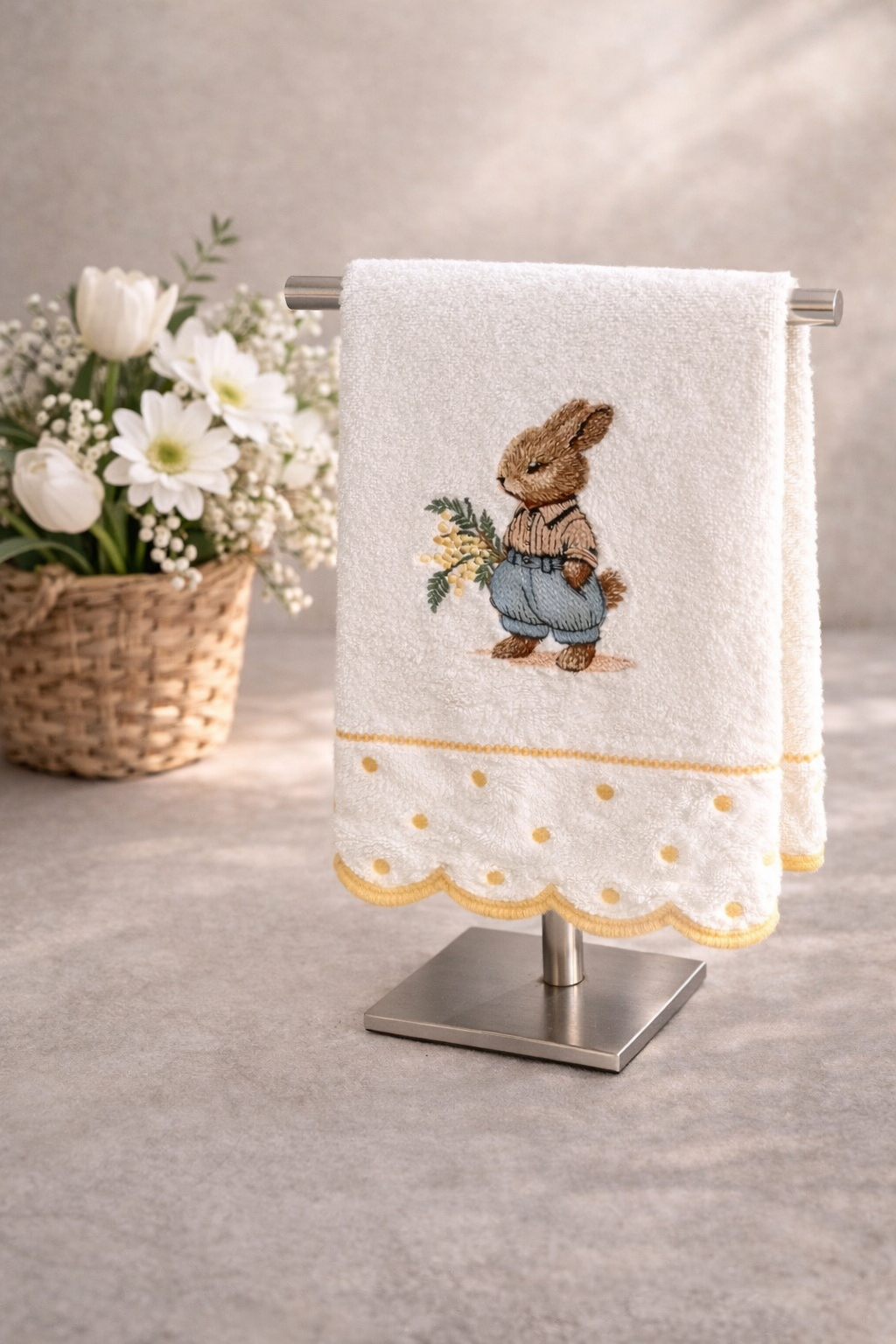 Toalha branca com bordado de coelho pendurada em suporte metálico com cesta de flores ao fundo