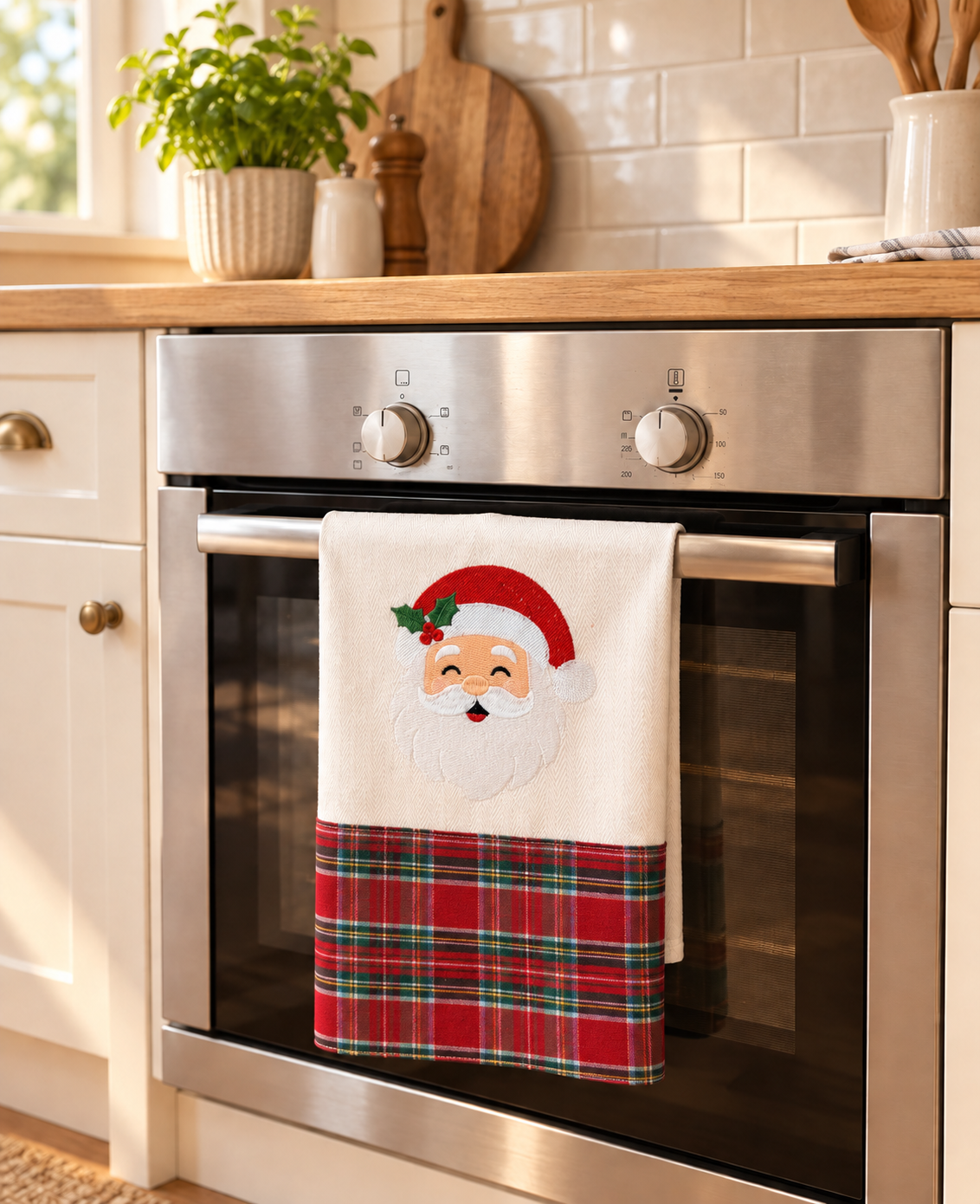 Pano de cozinha com estampa de Pai Natal pendurado em forno inox