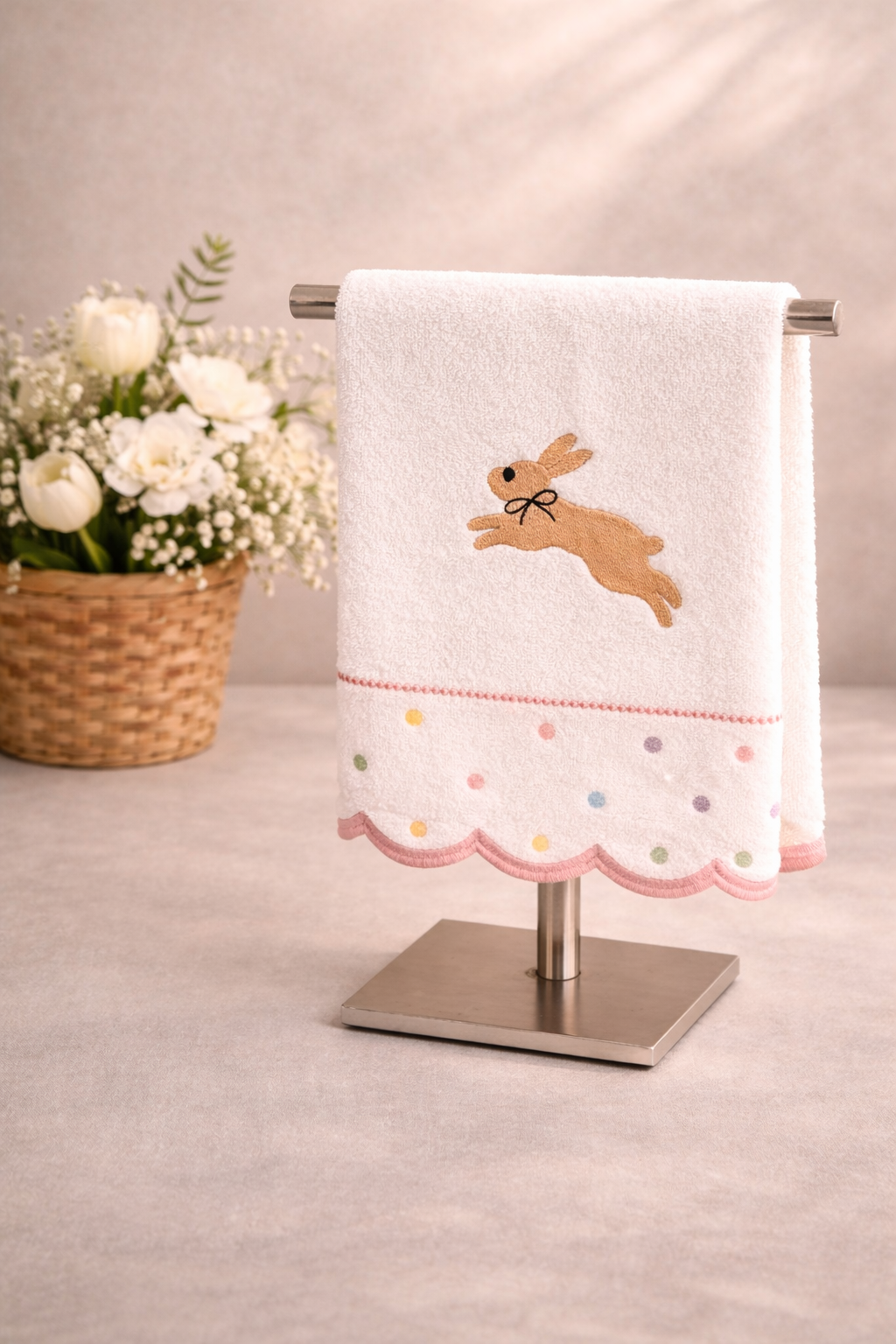 Toalha branca com bordado de coelho e bolinhas coloridas pendurada em suporte metálico