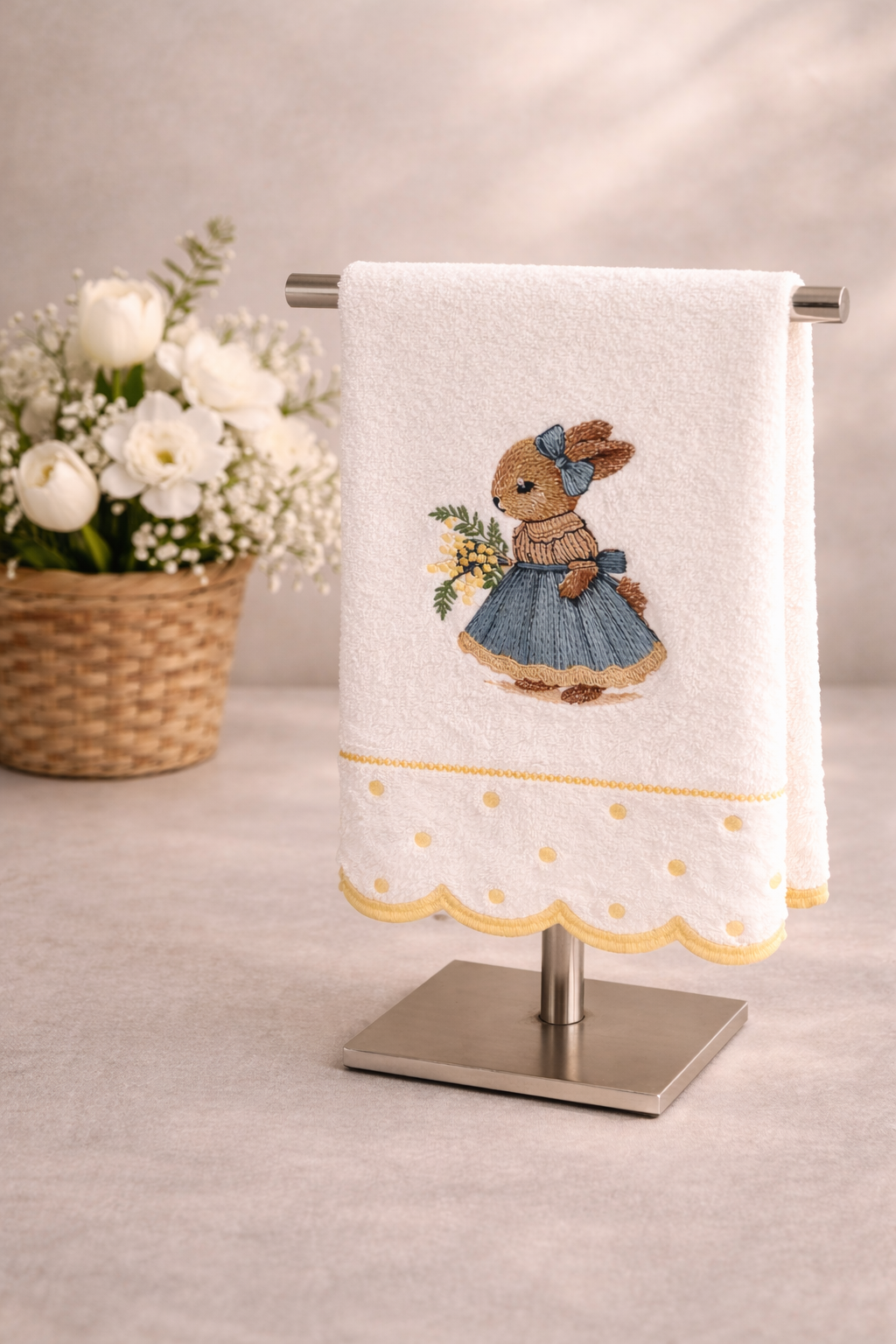 Toalha branca com bordado de coelho e padrão amarelo pendurada em suporte metálico