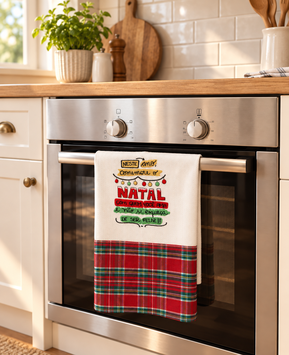 Pano de cozinha natalício pendurado em forno inox
