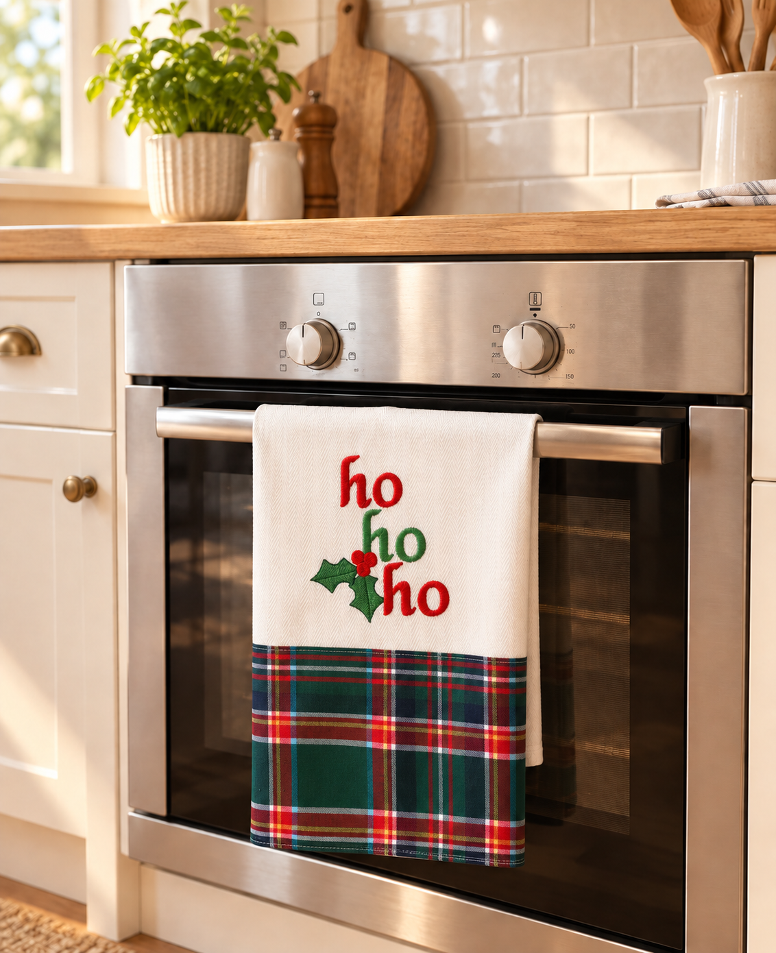 Pano de cozinha decorativo com texto ho ho ho e padrão tartã pendurado num forno inox
