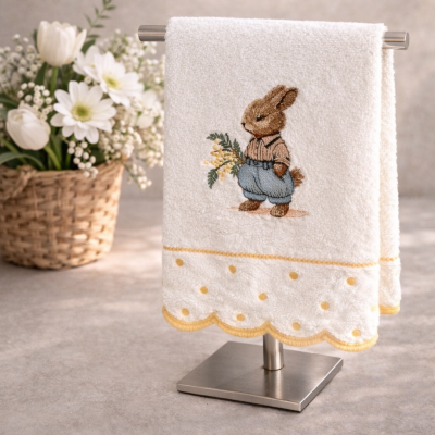 Toalha branca com bordado de coelho pendurada em suporte metálico com cesta de flores ao fundo