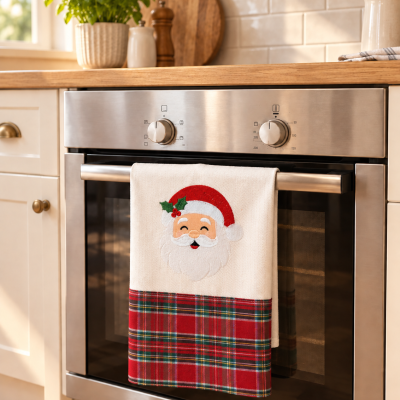 Pano de cozinha com estampa de Pai Natal pendurado em forno inox