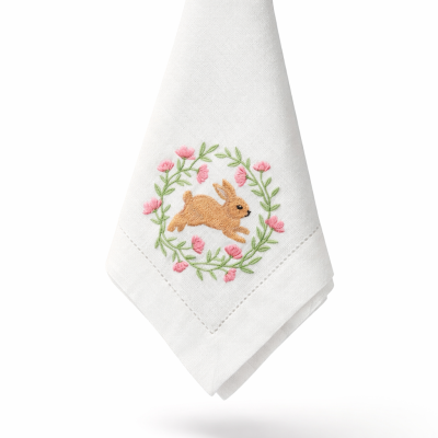 Toalha branca com bordado de coelho e flores cor-de-rosa