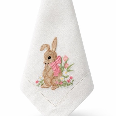 Pano de prato branco com bordado de coelho castanho e flores cor-de-rosa