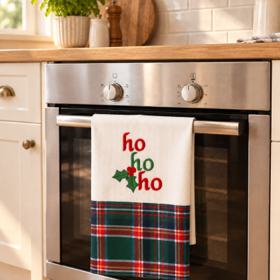 Pano de cozinha decorativo com texto ho ho ho e padrão tartã pendurado num forno inox