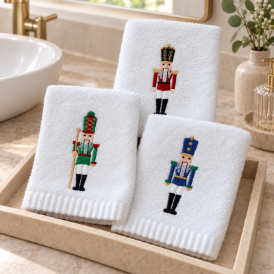 Três toalhas brancas com bordados de soldados coloridos numa bandeja de mármore numa casa de banho.