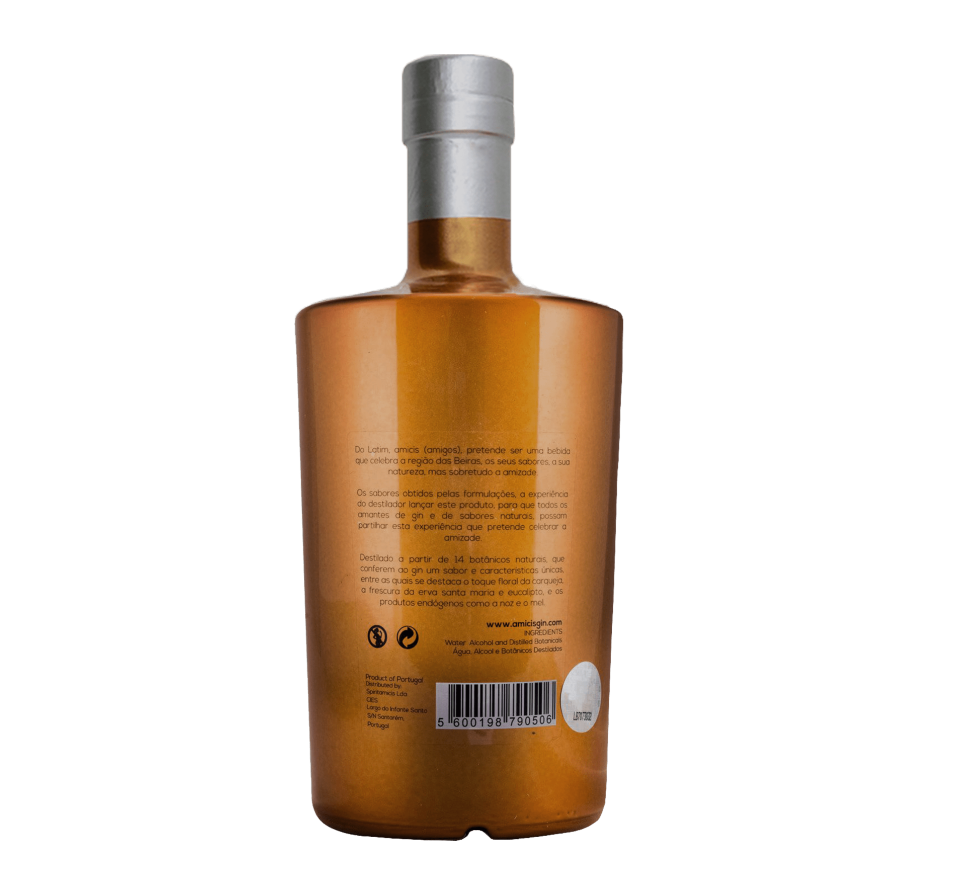 Garrafa dourada com texto e código de barras na parte traseira