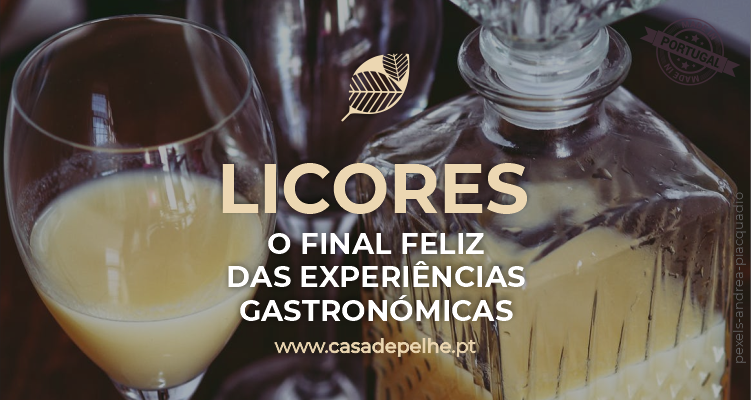 Imagem promocional de licores com copo e garrafa de licor e texto promocional em português
