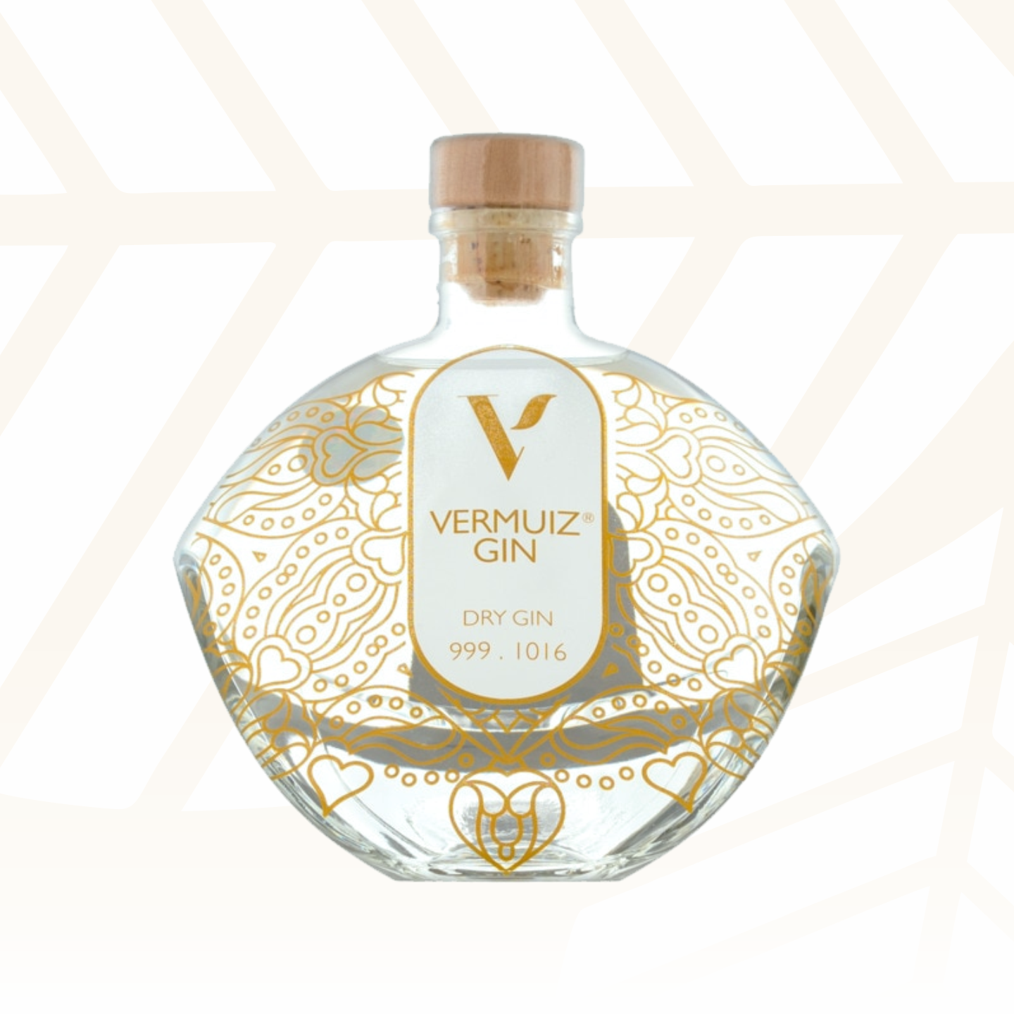Garrafa de gin Vermuiz Dry Gin em vidro com design dourado e tampa de cortiça