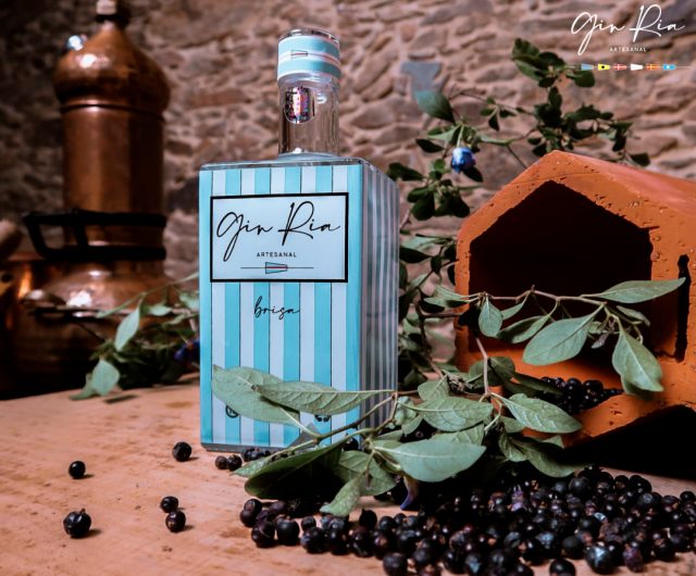 Garrafa de gin artesanal com rótulo azul e branco, bagas pretas e estrutura de barro