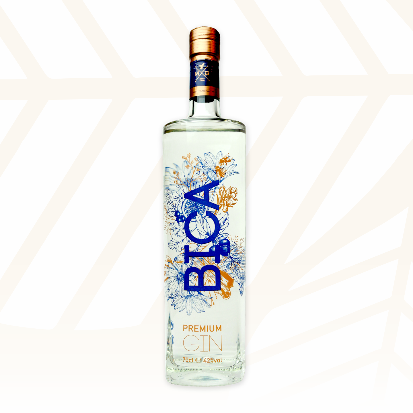 Garrafa transparente de gin Biga com rótulo floral azul e dourado