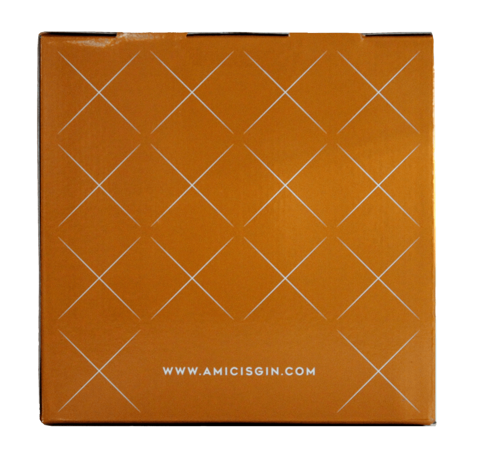 Caixa amarelo-alaranjada com padrão branco e texto WWW.AMICISGIN.COM