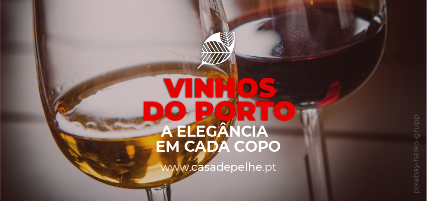 Duas taças com vinho, branco e tinto, com texto promocional sobreposto.