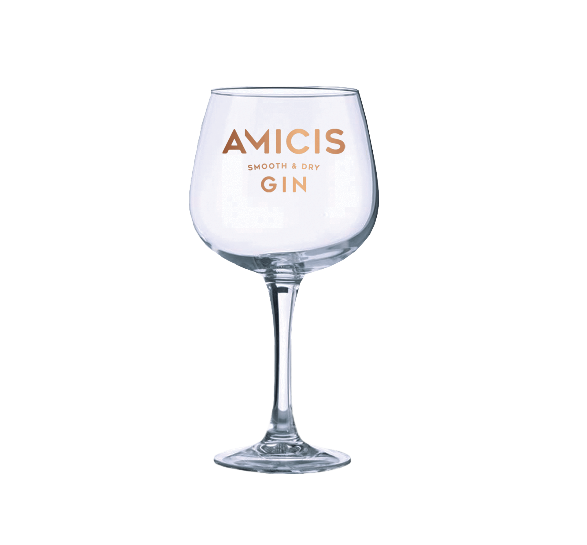 Copo de gin transparente com texto AMICIS SMOOTH & DRY GIN
