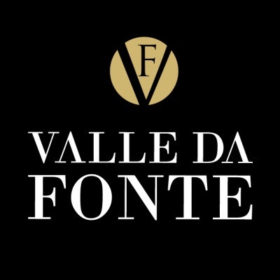 Logotipo com círculo dourado e texto branco Valle da Fonte sobre fundo preto