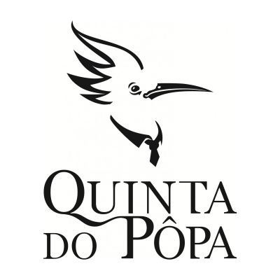 Logotipo preto e branco de um pássaro com texto 'QUINTA DO PÔPA'