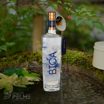 Garrafa transparente com rótulo azul 'BICA PREMIUM' numa superfície com água e plantas verdes ao fundo.