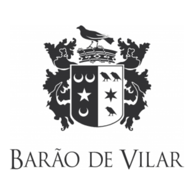 Logotipo preto e branco com escudo heráldico e texto BARÃO DE VILAR