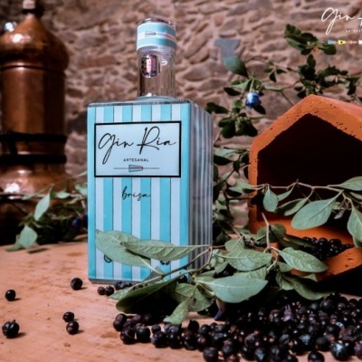 Garrafa de gin artesanal com rótulo azul e branco, bagas pretas e estrutura de barro