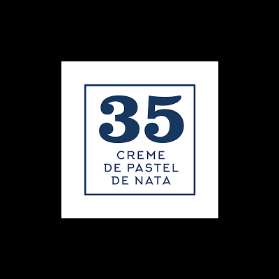 Logotipo com número 35 e texto Creme de Pastel de Nata em azul escuro num fundo branco