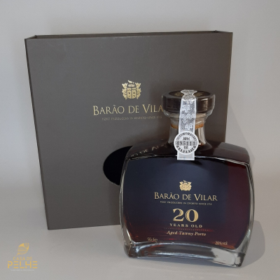 Garrafa de vinho do Porto Barão de Vilar 20 anos com embalagem cinzenta