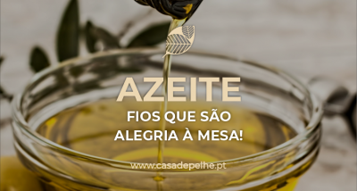 Frasco de vidro com azeite amarelo dourado e texto promocional em português