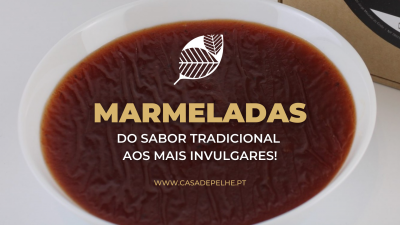 Taça branca com marmelada castanha e texto promocional sobre marmeladas