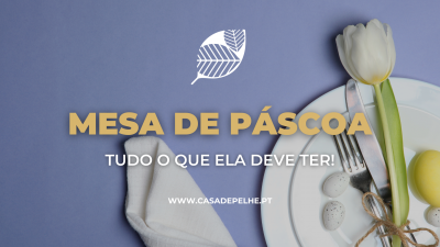 Mesa decorada para a Páscoa com pratos brancos, ovo amarelo, talheres, tulipa branca e texto promocional