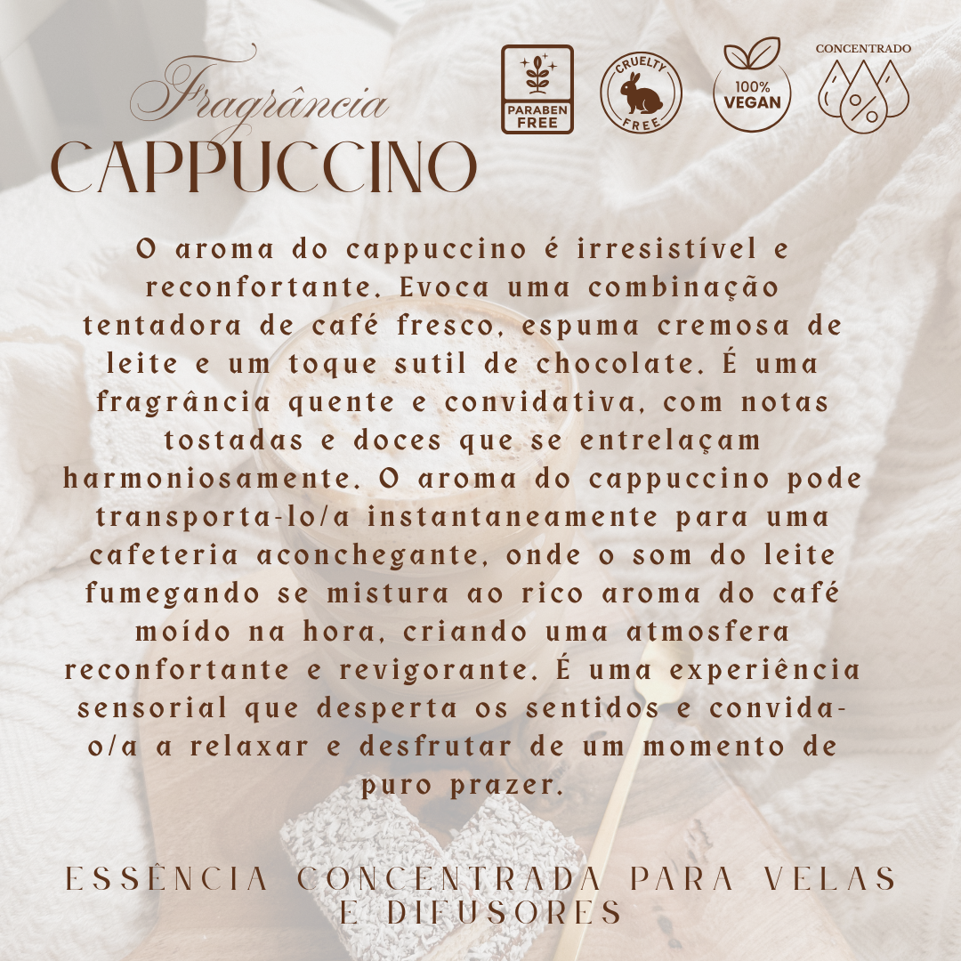 Texto de essência concentrada para velas e difusores com fragrância Cappuccino.
