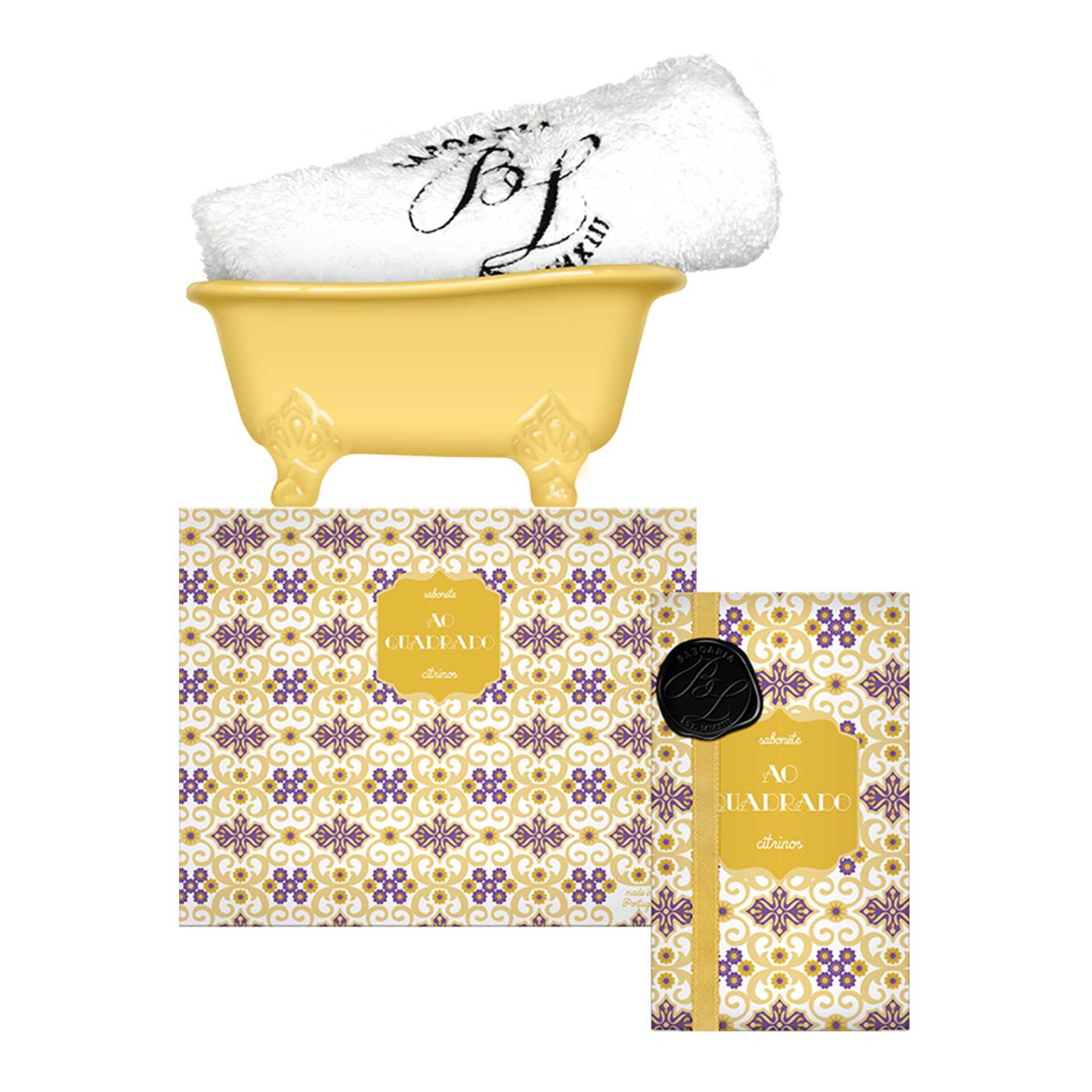 Conjunto de banho com banheira amarela, toalha branca bordada e embalagens decoradas com padrão floral