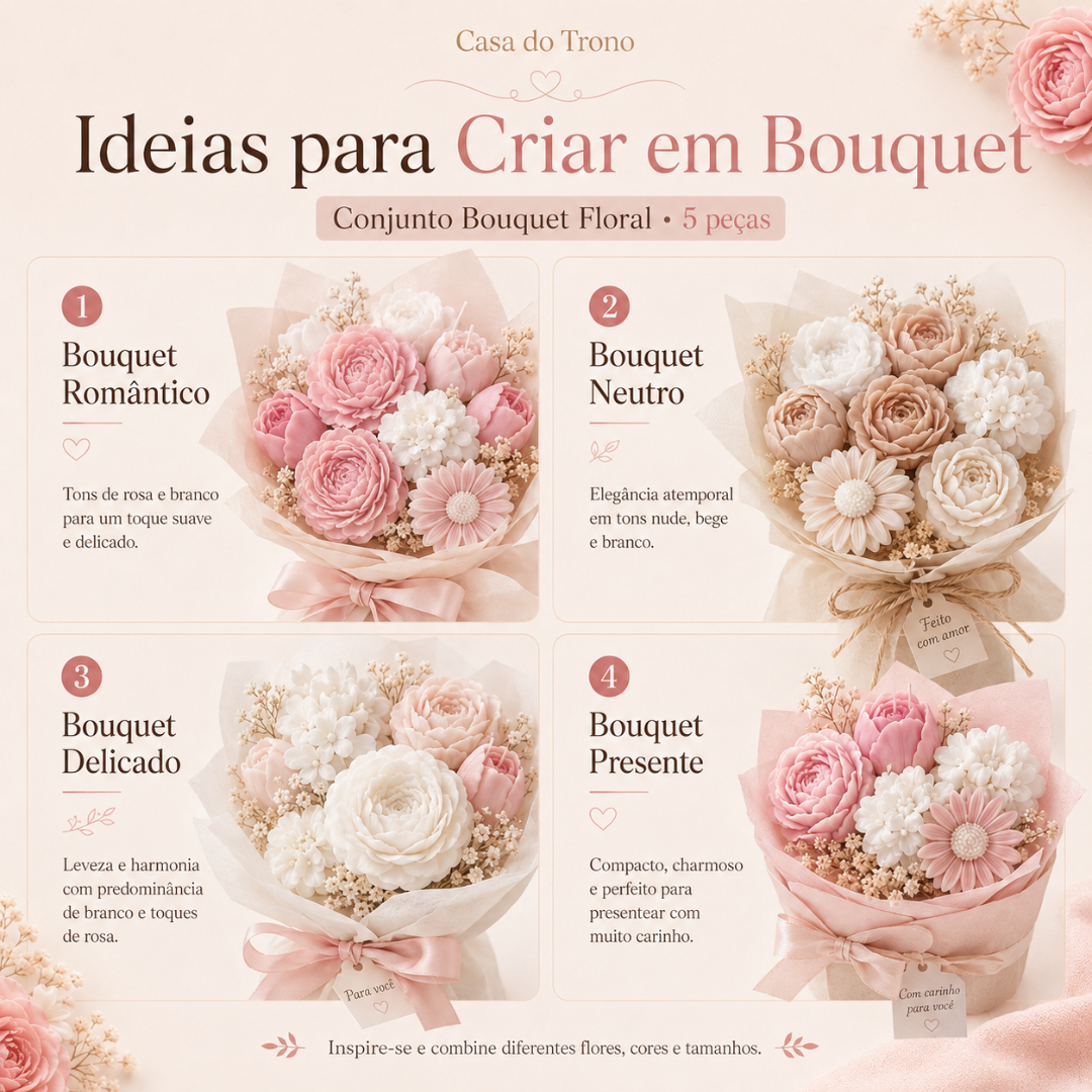 Imagem de diferentes bouquets florais em tons de rosa, branco, bege e nude com etiquetas de mensagens carinhosas.