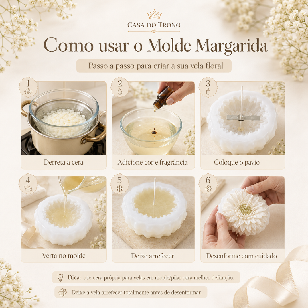Passo a passo para criar vela floral com Molde Margarida da Casa do Trono, imagens e instruções em português.