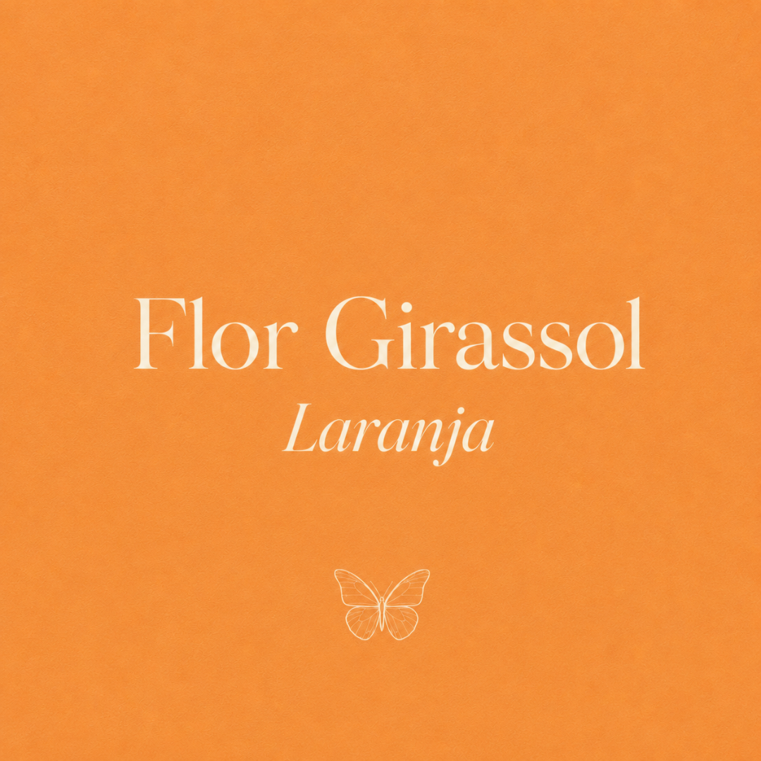 Fundo laranja com texto branco Flor Girassol Laranja e ilustração de uma borboleta.