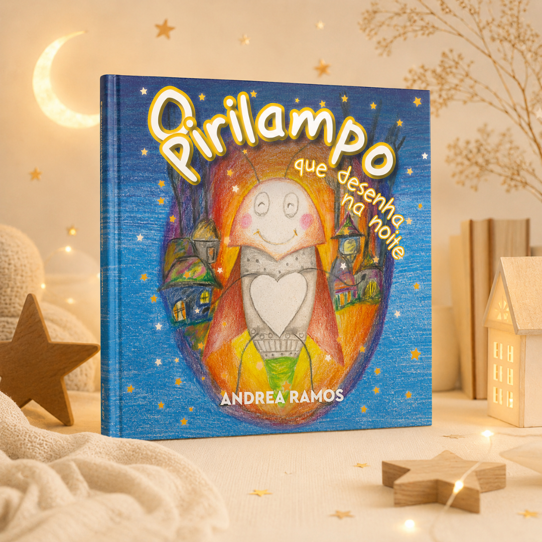 Livro infantil Pirilampo que desenha na noite com capa azul ilustrada e decoração de estrelas e luzes suaves.