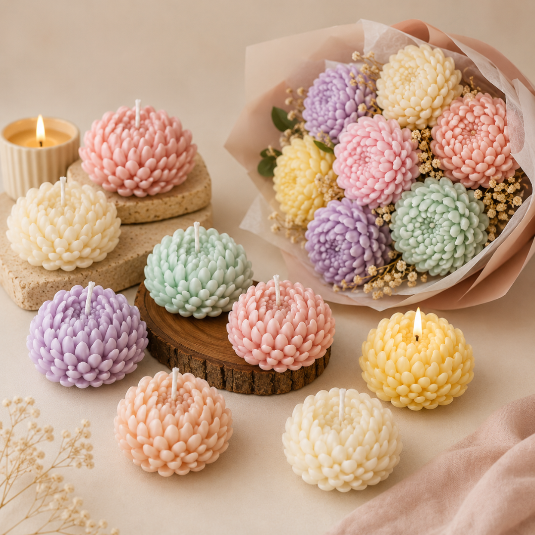 Velas decorativas em forma de flores coloridas e bouquet com velas e flores