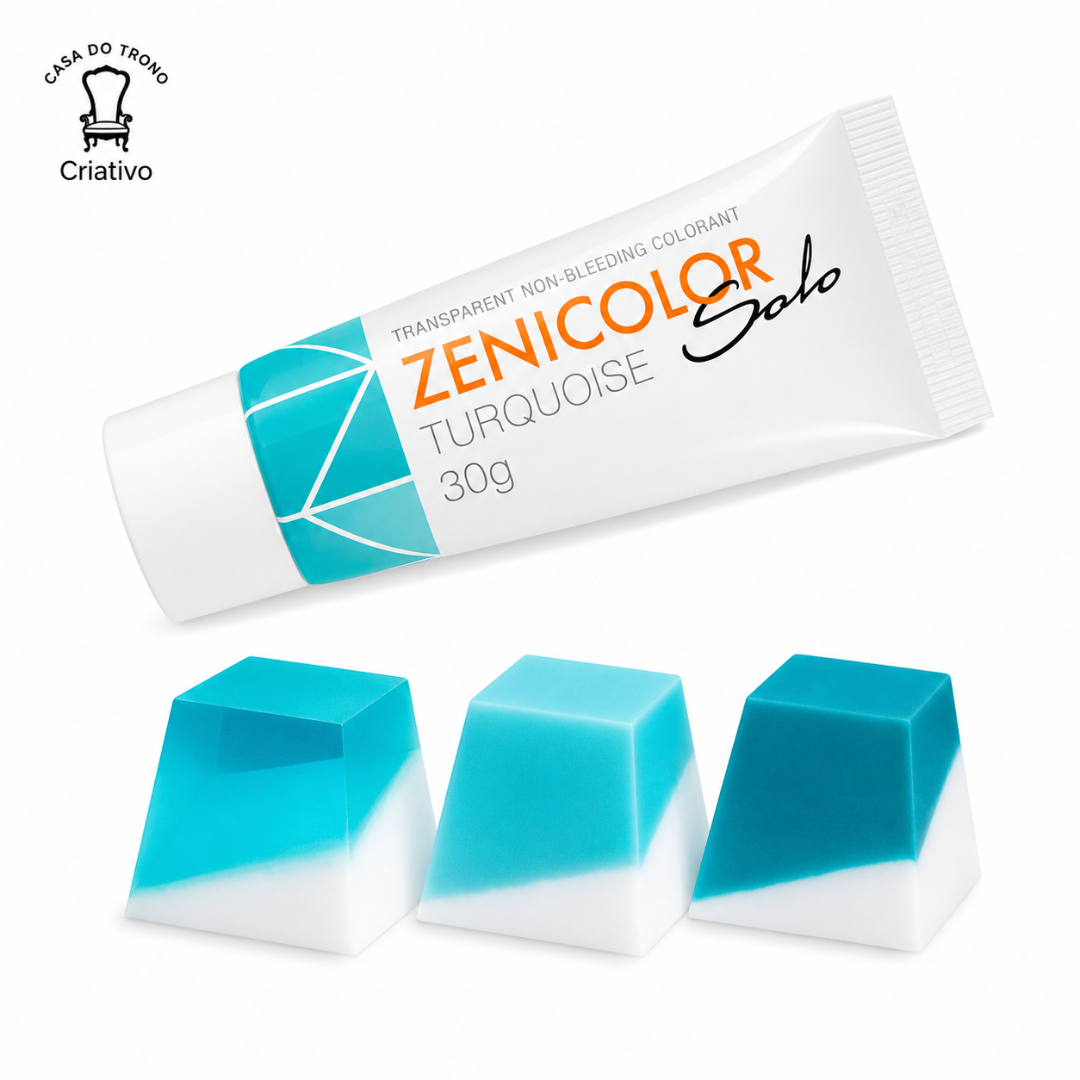 Tubo de tinta turquesa ZENICOLOR Solo com amostras em cubos com tons de azul e branco
