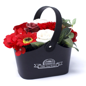Cesto preto com flores artificiais coloridas e texto 'Hello New Bouquet'